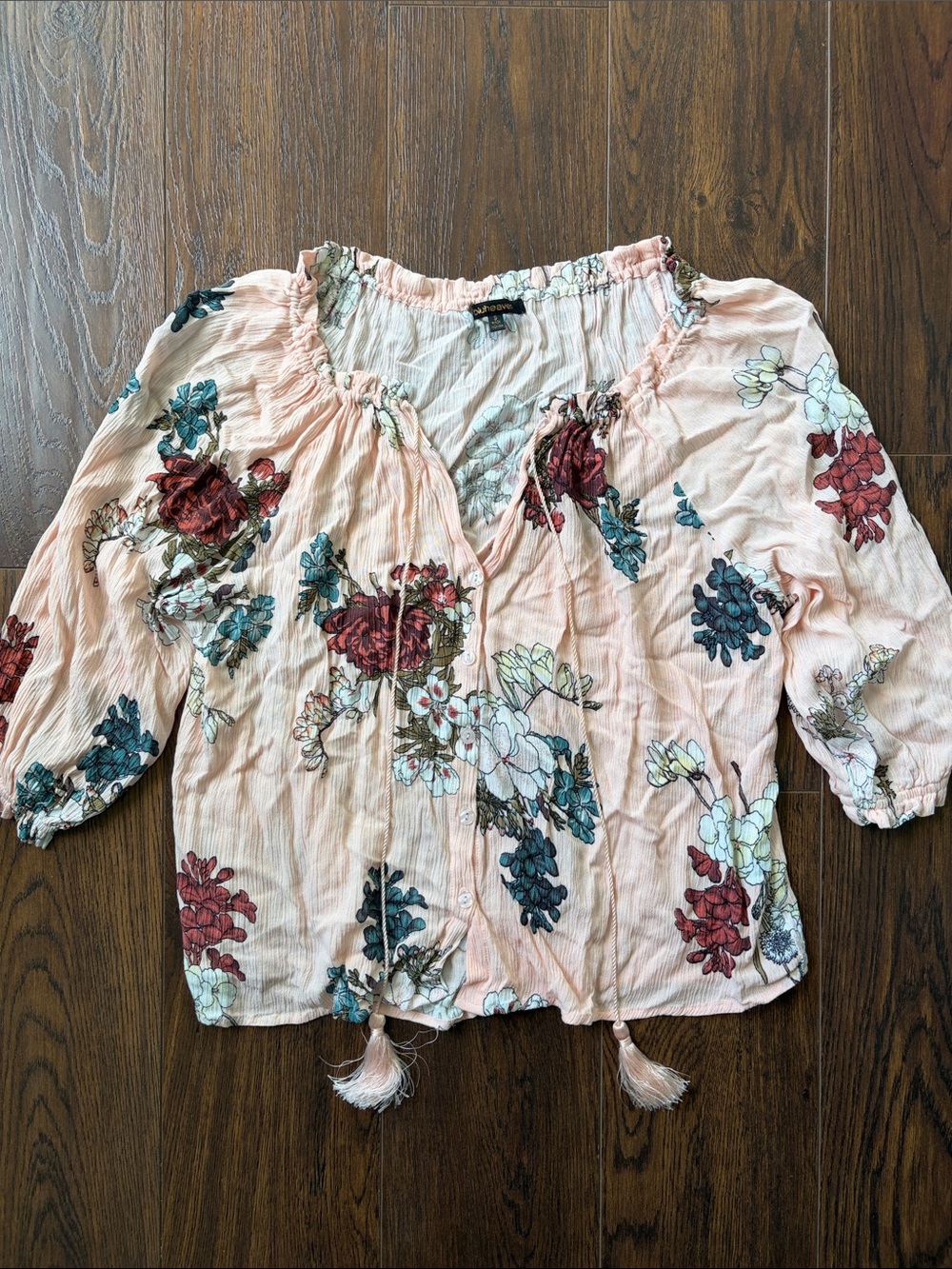 EUC Light Pink Floral Peasant Blouse with Tassel Tie